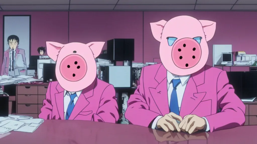 Image similar to a man wearing a pink suit and a pink pig mask sitting in an office, anime film still from the an anime directed by Katsuhiro Otomo with art direction by Salvador Dalí, wide lens