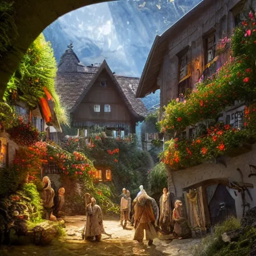 Image similar to my precious! - the hobbit - j. r. r. tolkien - a medieval village in switzerland, ornate, beautiful, atmosphere, vibe, flowers, concept art illustration, greg rutowski, volumetric lighting, sunbeams, particles