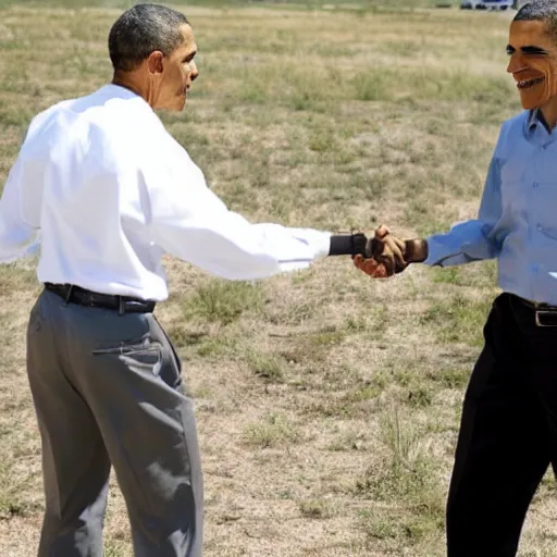 Prompt: press photo of Obama shaking hands with Walter White