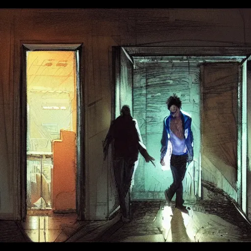 Image similar to a beautiful artwork of a man in jeans and white shirt entering a nightclub, by Jerome Opeña, smoky noir atmosphere theme featured on artstation