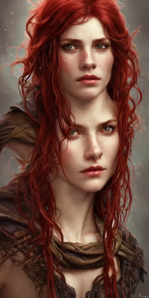 Prompt: portrait of a young ruggedly beautiful but joyful pirate, female, femenine, upper body, red hair, long hair, d & d, fantasy, piercing eyes, intricate, elegant, highly detailed, digital painting, artstation, concept art, matte, sharp focus, illustration, art by artgerm and greg rutkowski and alphonse mucha