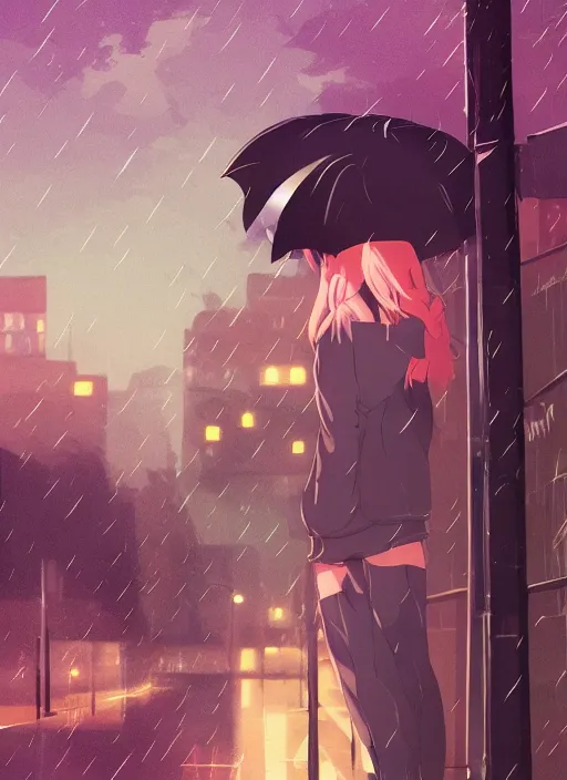 Image similar to listening to music at 2 am, night, pretty girl, pose, rain, lofi, lofi, peaceful, street light, anime key visual, poster, street wears, anime, by ghibli, ghibli studio high quality, 4 k, trending, trending on artstation