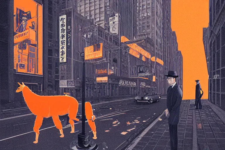 Prompt: an orange llama wearing a 1 9 4 0's noire detective outfit, standing in the streets of chicago at night looking at a crime scene, crime scene photography by moebius, junji ito, tristan eaton, victo ngai, artgerm, rhads, ross draws, hyperrealism, intricate detailed, risograph, optical illusion