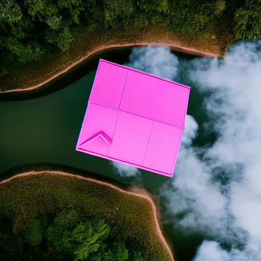 Image similar to dream a 5 0 mm lens photograph of a cute pink floating modern house, floating in the air between clouds, inspired by the movie up, held up from above by heart ballons. mist, playful composition canon, nikon, award winning, photo of the year