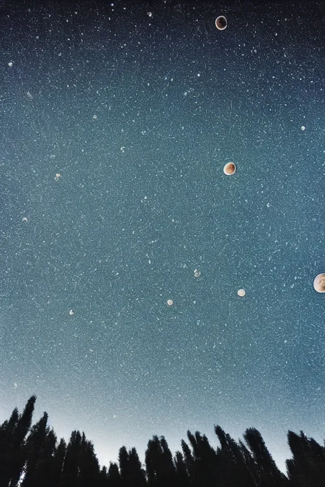 Image similar to low angle, shot from below. two big moons in night sky. milky way. field of big frozen yellow flowers. starfield and galactics in the sky. galactics in the sky. lens flare, bokeh