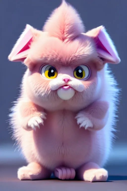 Image similar to high quality 3 d render hyperrealist very cute pastel fluffy! grumpy gargoyle cat hybrid eating giant ice cream full body, vray smooth, in the style of detective pikachu, hannah yata charlie immer, dramatic pink light, low angle, uhd 8 k, sharp focus