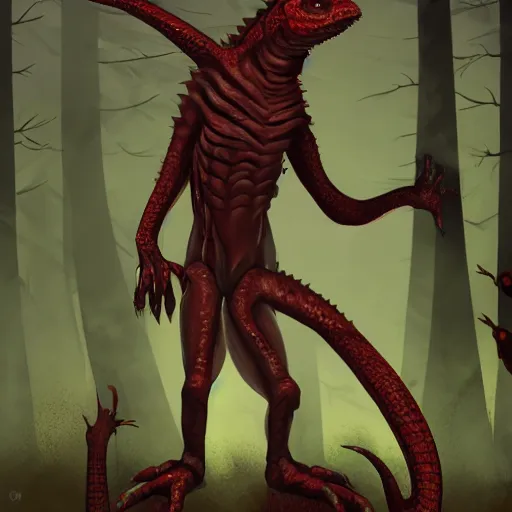 Image similar to big butcher anthropomorphic male lizardfolk posing scarily, scary angry pose, bloody, covered in blood, fresh kill, cleaver, in a forest, earie setting, lovecraft, eldritch, horror, hyperdetailed, furaffinity, furry art