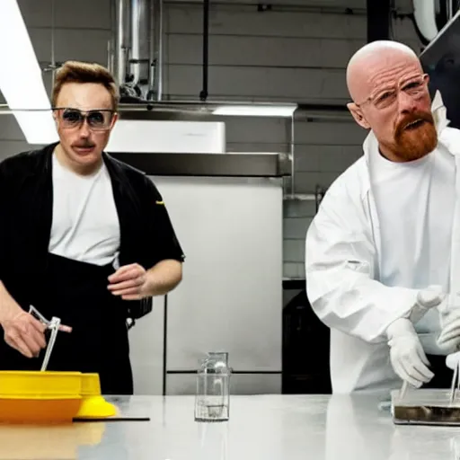 Image similar to elon musk and walter white cooking meth in a laboratory, amazing detail, detailed faces, sharp, 8k