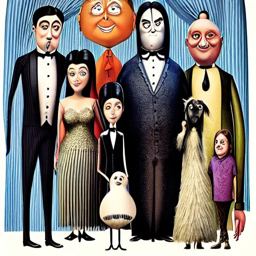 Image similar to family portrait, highly detailed, the addams family all played by Jim Carrey, indoors