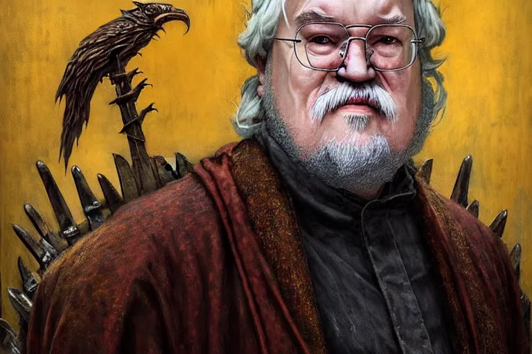 Prompt: poster portrait of george r r martin in “ game of thrones ” ( 1 9 8 4 ). background is the iron throne. artwork, 4 k digital art, neon, 8 0's style tomasz alen kopera, peter mohrbacher, donato giancola, ilya repin, drew struzan hyperrealistic oil painting, gothic horror, frank frazetta