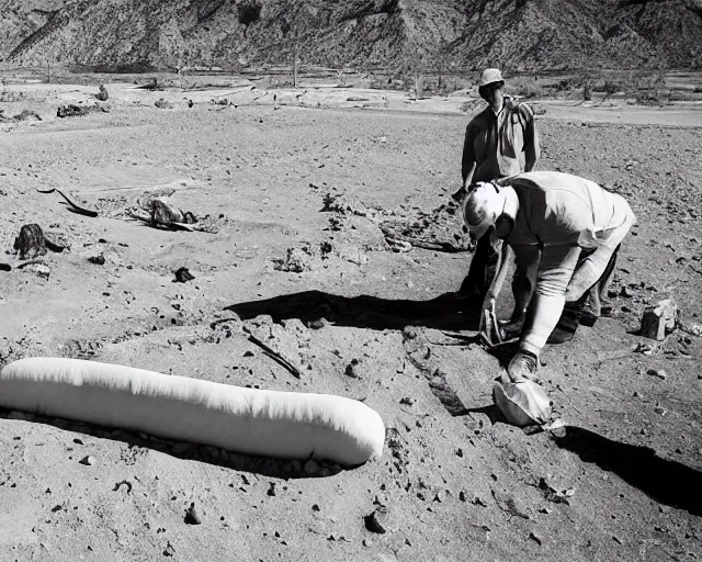 Prompt: archeologists finding a giant hot dog in the ground, amazing desert mountains, award winning photograph