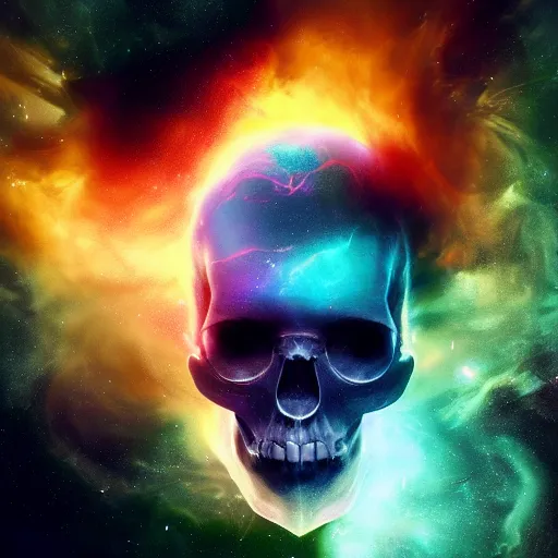 Prompt: dramatic render of a cracking skull flying through a space nebula, cgsociety, artstation, 4k