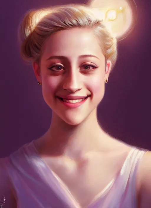 Image similar to portrait of lili reinhart with fluffy bangs, smiling kindly, bangs, 1 9 6 0 s, ponytail, curly bangs and ponytail, intricate, elegant, glowing lights, highly detailed, digital painting, artstation, concept art, smooth, sharp focus, illustration, art by wlop, mars ravelo and greg rutkowski