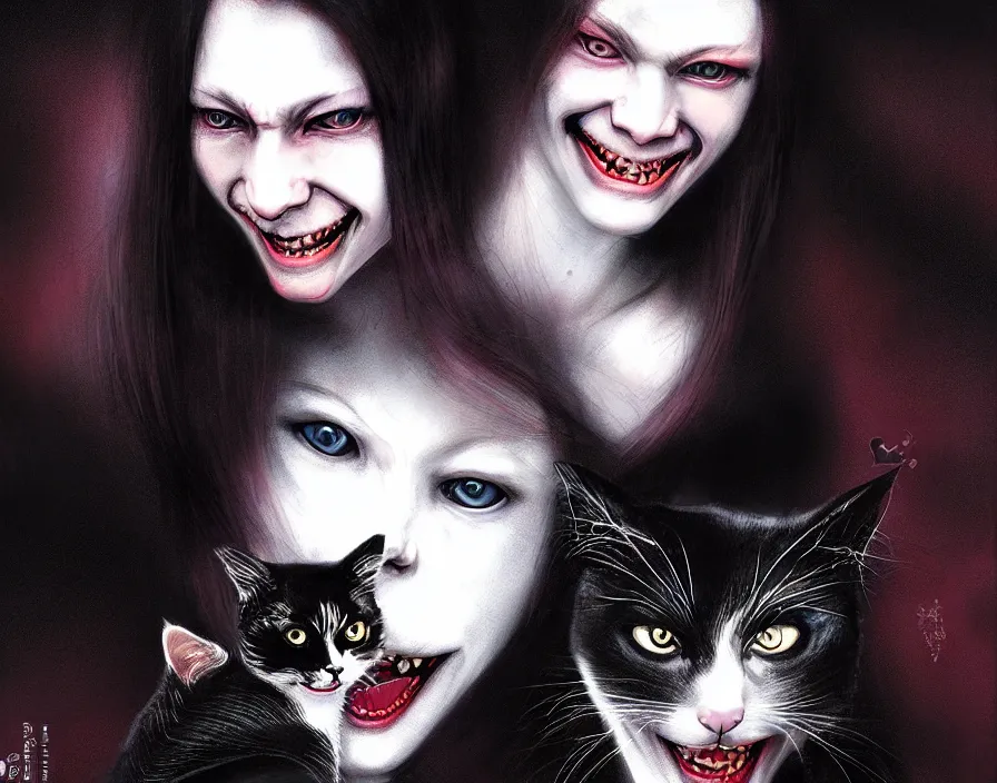 Image similar to portrait of the secretive vampire woman biker loner smiling at her cat, by yoshitaka amano, casey baugh, steve caldwell, gottfried helnwein, yasunari ikenaga, nico tanigawa, and artgerm rendered with 3 d effect.