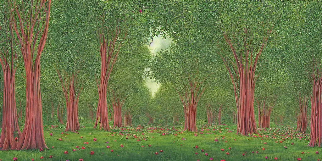 Prompt: ornate art of an inexplicably magical grove of supernaturally tall apple trees that stretch and twine upwards forming a vast colonnade of trunks that stretch out in thin rows far into the distance, rolling hillocks of lush green grass, transluscent leaves cresting canopy set alight with a fragile evening sunlight that refracts off a sea of apples brushed pink and red with exposure by Darek Zabrocki, Marcin Rubinkowski, Lorenzo Lanfranconi, Oleg Zherebin, Karlkka, trending on Artstation deviantart
