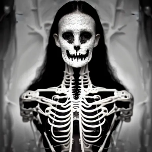 Image similar to black and white dreamy foggy portrait, skeletal biomechanical beautiful young female cyborg priestess - robot bust, body ribs meshes,, volumetric light, rim light, by dora maar and cecile beaton, big gothic fashion pearl embroidered collar, 8 k