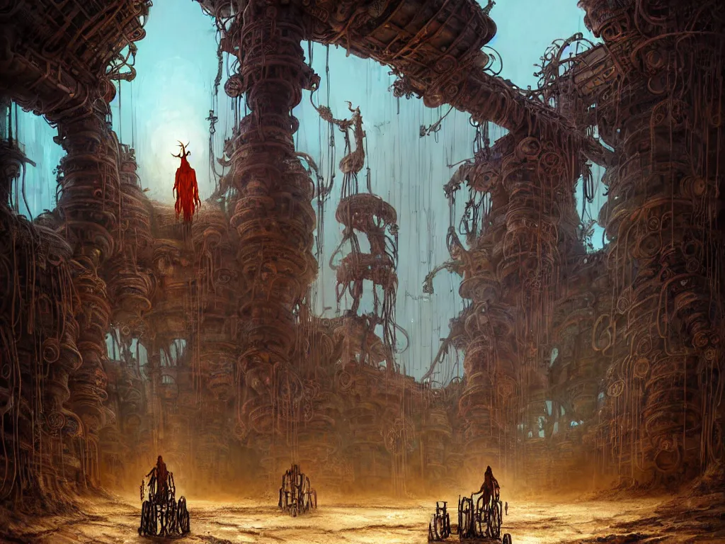 Image similar to A magical male-shaman in shamanistic robes performs a ritual to resurrect a mechanical horse inside a ancient steel ruins are covered with barchans of sand. Art by Finnian MacManus, Simon Stalenhag, Arthur Rackham. Masterpiece, fantasy art, cinematic, hyperdetailed, sigils, photorealistic, cyberpunk, postapocalyptic, steampunk, hyperrealism, octane render, 8k