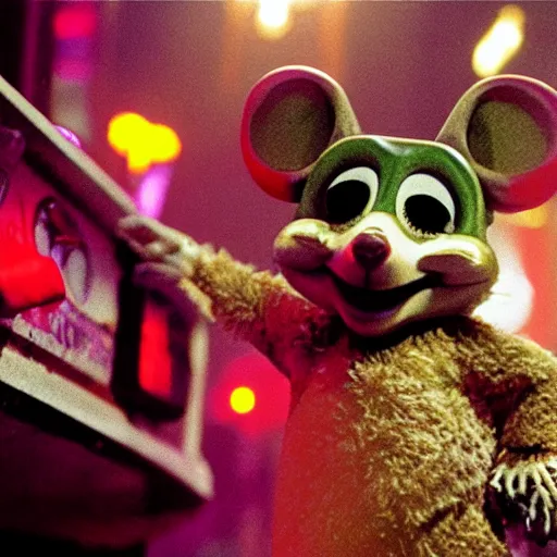 Image similar to Still of Chuck E. Cheese mouse mascot animatronic, in the movie Blade Runner, cinematic lighting, 4k