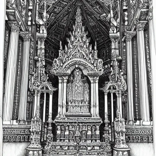 Image similar to finished pencil drawing of an intricate detailed church temple catholic buddhist, complete, pencil drawing