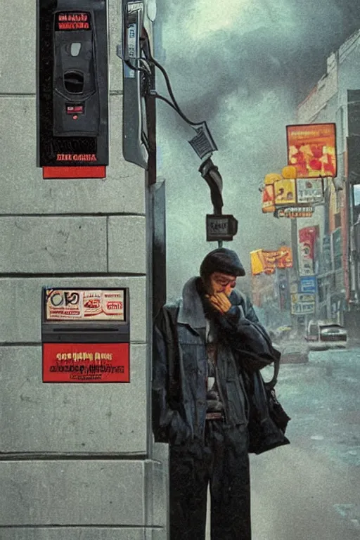 Image similar to an award - winning movie poster for a movie called senor featuring a junkie making a payphone call in a thunderstorm in queens at night in the 1 9 9 0 s