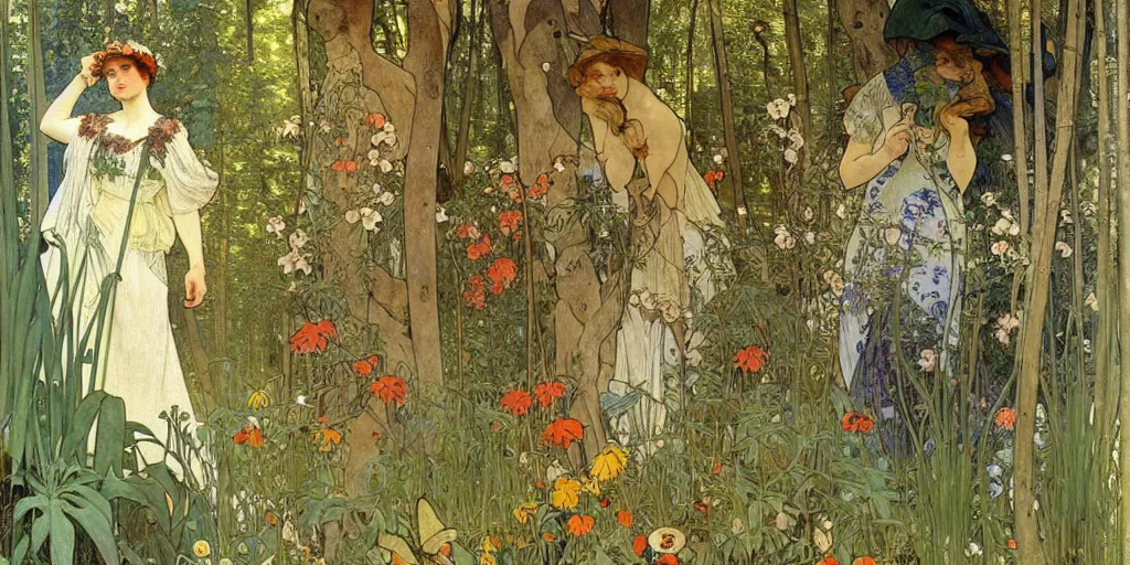 Image similar to a beautiful painting of wild animals in the woods with vines and ferns and flowers, painted by carl larsson and alphonse mucha