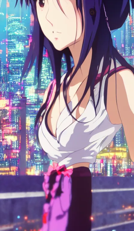 Image similar to anime fine details portrait of Mizore Shirayuki in front of cyberpunk modern city landscape on the background deep bokeh, close-up view, anime masterpiece by Studio Ghibli, 8k, sharp high quality anime, artstation