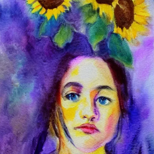 Prompt: molly sanden, watercolor, in the style of claude monet, beautiful face, sunflowers, award winning, hd, 4 k, purple, blue -