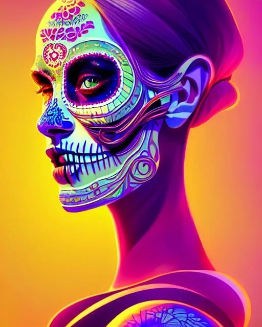 Prompt: ultra detailed beautiful female android, side portrait, sharp focus, highly detailed vfx portrait, scribble art, geometric shapes, global illumination, by james jean and moebius and artgerm and liam brazier and victo ngai and tristan eaton. vector art, digital illustration, concept art, dia de los muertos. 8 k, hdr