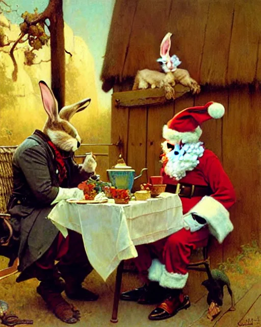 Prompt: easter bunny and santa having tea at high noon, painting by gaston bussiere, craig mullins, j. c. leyendecker, norman rockwell