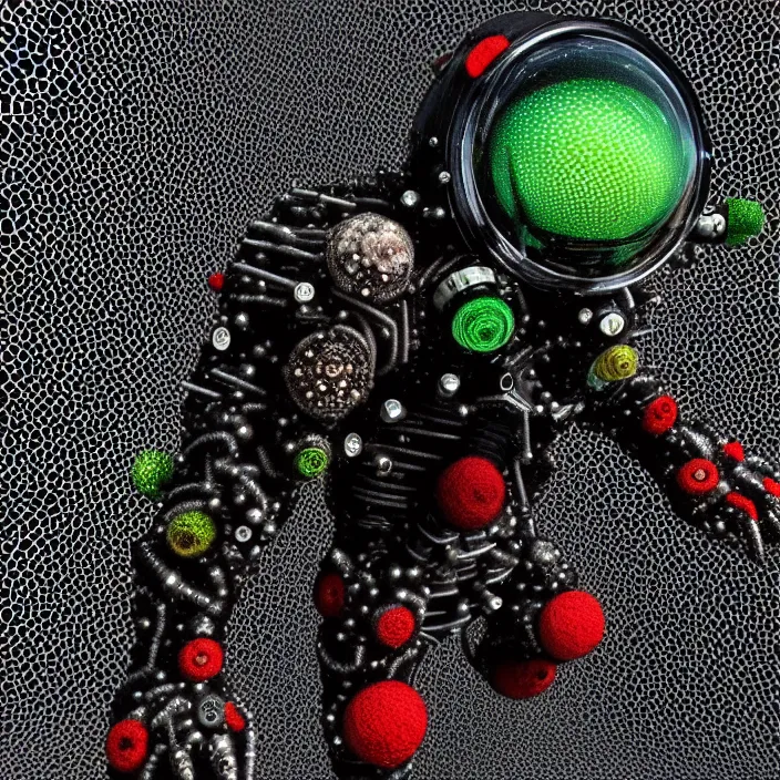 Image similar to a cybernetic symbiosis of a single astronaut mech-organic eva suit made of pearlescent wearing anodized thread knitted shiny ceramic multi colored yarn thread infected with kevlar,ferrofluid drips,carbon fiber,ceramic cracks,gaseous blob materials and diamond 3d fractal lace iridescent bubble 3d skin dotted covered with orb stalks of insectoid compound eye camera lenses orbs floats through the living room, film still from the movie directed by Denis Villeneuve with art direction by Salvador Dalí, wide lens,