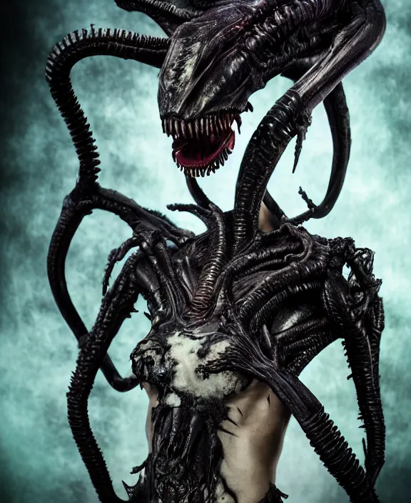 Prompt: xenomorph queen goth model hybrid, dragon eggs, dark emerald mist colors, giger background liminal void, cinematic lighting, realistic, award winning photograph, various refining methods, micro macro autofocus