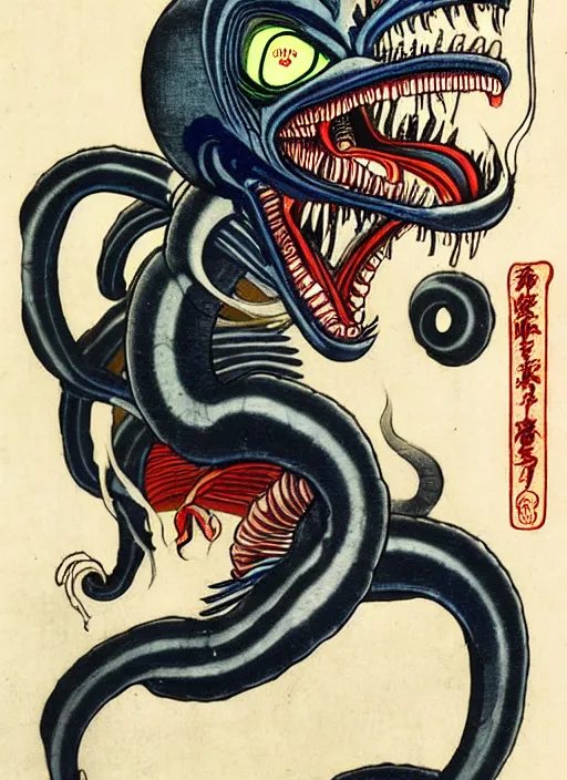 Prompt: the xenomorph as a yokai illustrated by kawanabe kyosai and toriyama sekien