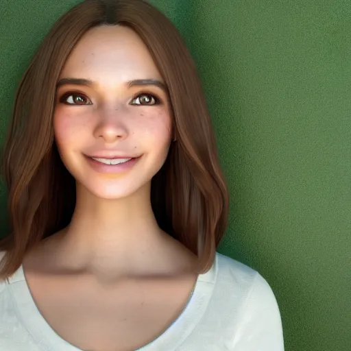 Image similar to Render of April, a cute 3D young woman, long shiny bronze brown hair, full round face, green eyes, light tan skin cute freckles, light blush, smiling softly, wearing casual clothing, interior lighting, cozy living room background, medium shot, mid-shot, hyperdetailed, hyperreal, trending on Artstation, Unreal Engine 4k