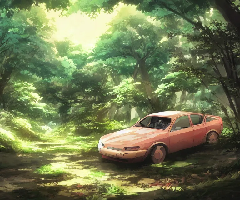 Image similar to car in a forest, anime fantasy illustration by tomoyuki yamasaki, kyoto studio, madhouse, ufotable, comixwave films, trending on artstation