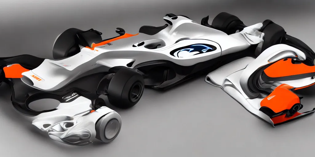 Image similar to hybrid design between McLaren MCL34 F1 car and Ford Mustang. No background, concept art style.