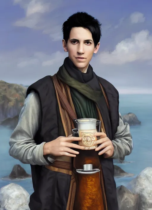 Image similar to Young man, slim, short black hair, pale, wearing a haramaki, holding a tankard of ale, digital art, realistic, Pathfinder, detailed, trending on artstation, sea in the background as drawn by Wayne Reynolds