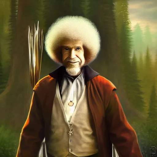 Image similar to a portrait of a Bob Ross as a warlock ,Grim fantasy, D&D, HDR, natural light, shoulder level shot, dynamic pose, award winning photograph, Mucha style 4k,