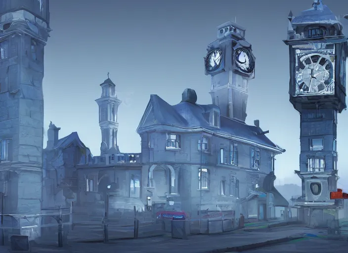 Image similar to a clock tower with a blue light on top of it, concept art by senior environment artist, polycount contest winner, new sculpture, concept art, sketchfab, 2 d game art