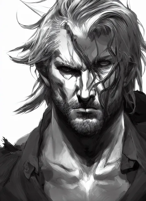 Image similar to Half body portrait of mature man with long silver hair, half man half wolf. In style of Yoji Shinkawa and Hyung-tae Kim, trending on ArtStation, dark fantasy, great composition, concept art, highly detailed, dynamic pose.