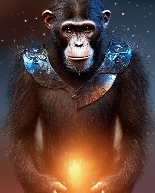 Image similar to very detailed high resolution illustration of a chimpanzee wearing fantasy armor, backlit, stars, night, surrounded, 3 d, 8 k, extremely detailed, artstation, award winning