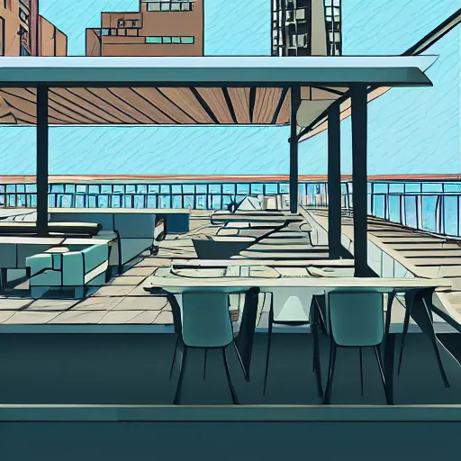 Image similar to rooftop bar overlooking beach in the style of Antoni Guadi, in the style of Mies van der rohe, digital illustration, Style of Moebius