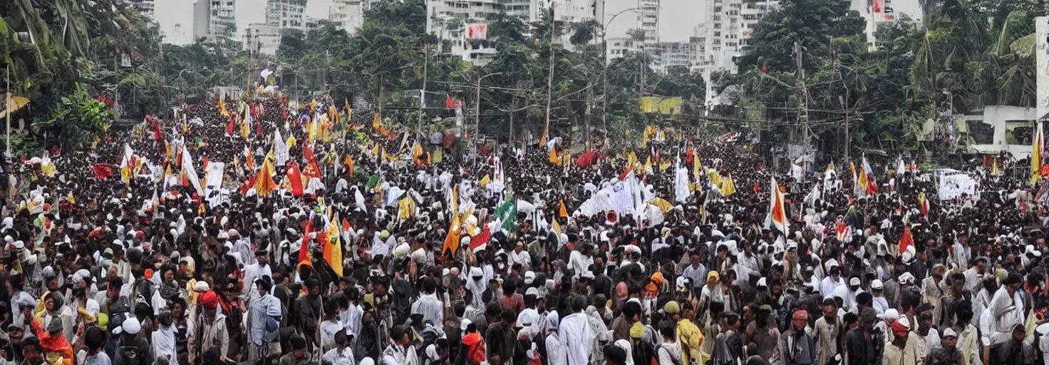 Prompt: jakarta is full of supporters of habib riziq, they demonstrate while carrying jihad flags, very high resolution images, with very fine details, taken by the world's most famous photographers