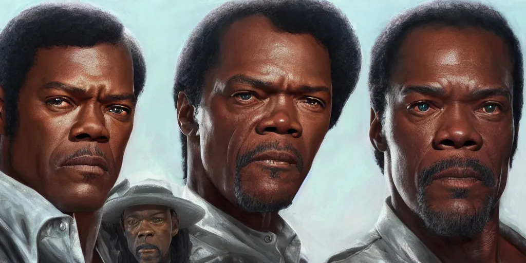 Prompt: highly detailed movie poster painting of young samuel l jackson and john travolta, perfect symmetrical eyes, by eddie mendoza and tyler edlin, 8 k resolution