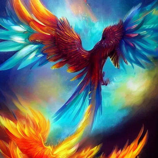 Image similar to cute flying chinese phoenix, sparkling bird eyes, embers surrounding her wings, shining rainbow feathers, smooth features, feathers on fire, highly detailed, digital painting, artstation, concept art, smooth, soft focus, beautiful rainbow colors, illustration, chinese phoenix art by Artgerm and greg rutkowski