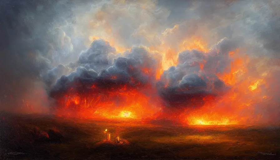 Image similar to a cubic landscape with fire in the sky, ghostly figures, by mariusz lewandowski