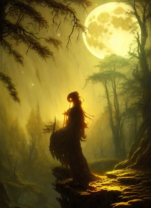 Prompt: fantasy book cover, full moon, fantasy forest landscape, golden elements, fantasy magic, dark light night, intricate, elegant, sharp focus, illustration, highly detailed, digital painting, concept art, matte, art by WLOP and Artgerm and Greg Rutkowski and Albert Bierstadt, masterpiece