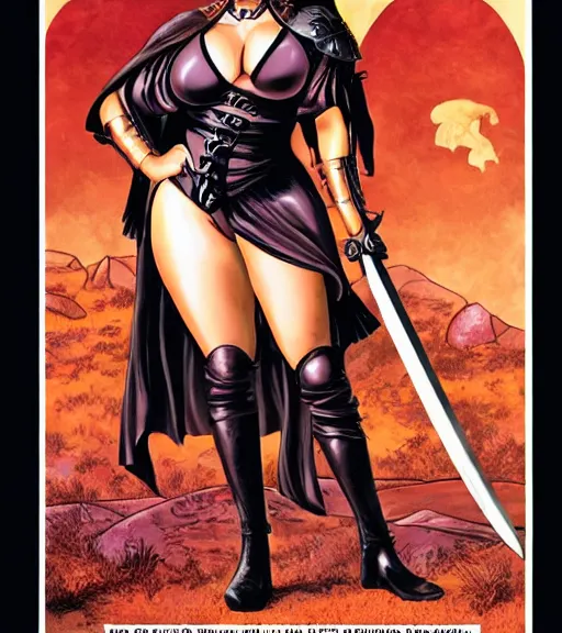 Prompt: 1 9 8 0 s fantasy novel book cover, bbw plus size amazonian elizabeth gillies in extremely tight bikini armor wielding a cartoonishly large sword, exaggerated body features, dark and smoky background, low quality print