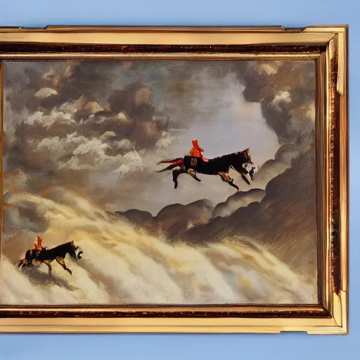 Prompt: portrait of a great plane with horsemen riding through, by Bob Ross