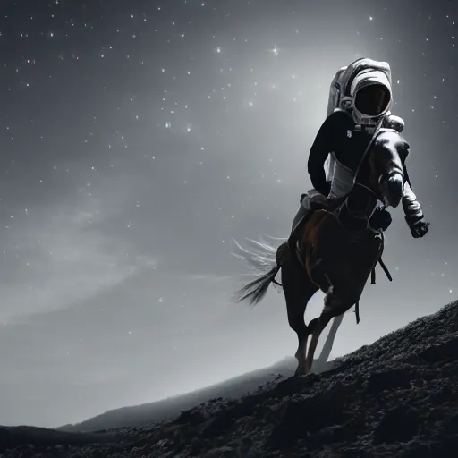 Prompt: cinematic photograph of an astronaut riding a horse travelling through time