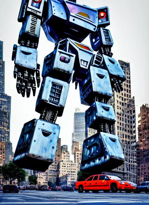 Image similar to a giant mecha robot made of stop signs in manhattan, hyper realistic, highly detailed, cinimatic, shadows, scrap, signs, 8 k, photo, movie still